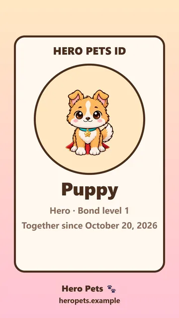 Capey ID card showing the puppy in a hero cape