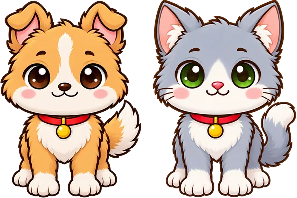 A chibi orange puppy and a grey kitten sitting side by side