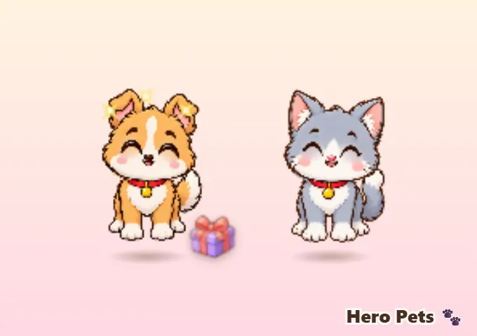 In-app selfie of the smiling puppy and kitten next to a gift box